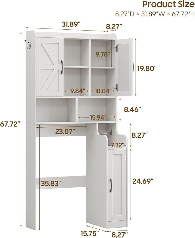 Over The Toilet Storage Cabinet, Bathroom Over Toilet Storage Organizer with Barn Doors & Paper Holder Stand, Farmhouse Space Saving Rack Cabinet with Adjustable Shelves for Bathroom, Laundry (White)