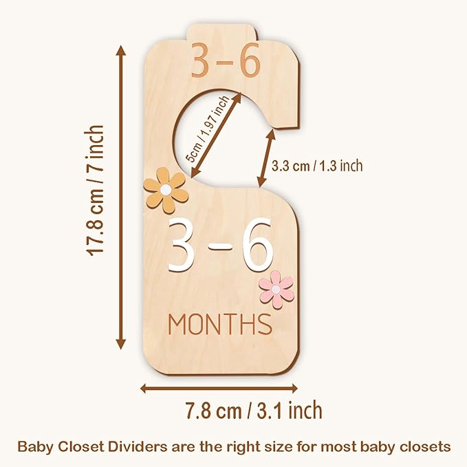 Baby Closet Divider - 3D Double-Sided Wooden Baby Wardrobe Baby Closet Organizer,Daisy design Nursery Decor Clothes Hanger Dividers for Sorting 8 Sizes from Newborn to 24+ Months