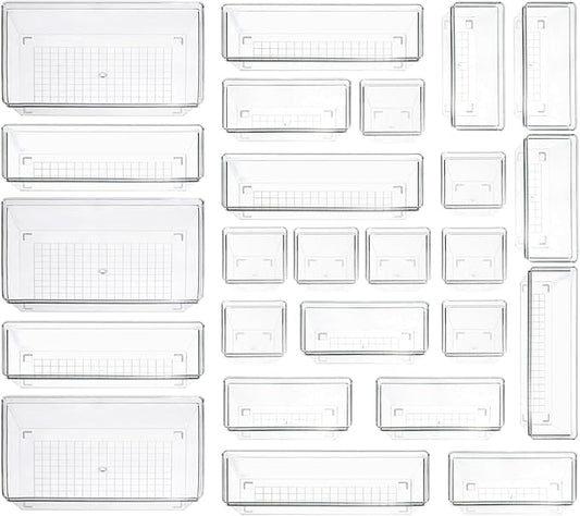 Clear Plastic Drawer Organizer Storage - 25Pcs 4 Size Desk Bathroom Kitchen Organizers and Accessories Office Organization, Vanity Stackable Drawers Bins Trays Containers Dividers Makeup Sets