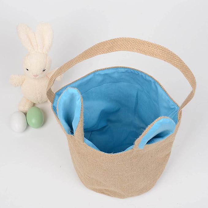 Easter Storage Bins Foldable Bottom Portable Rabbit Easter Basket Portable Cloth Bag Rabbit Bag Cylinder Gift Tote Zip Closet(Sky Blue)