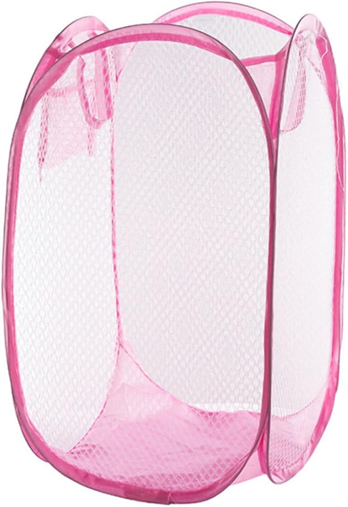Pop-up Laundry Hamper Foldable Mesh Dirty Clothes Basket with Side Pocket for College and Spaces Pink