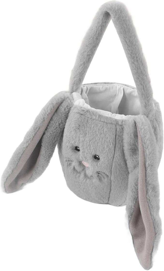 Spryflower Plush Easter Bunny Basket, Children Easter Basket, Cute Cartoon Long Ears Bunny Egg Basket, Soft Plush Easter Gift Bag for Kids, Perfect for Easter Egg Hunt and Family Gath (Light Grey)
