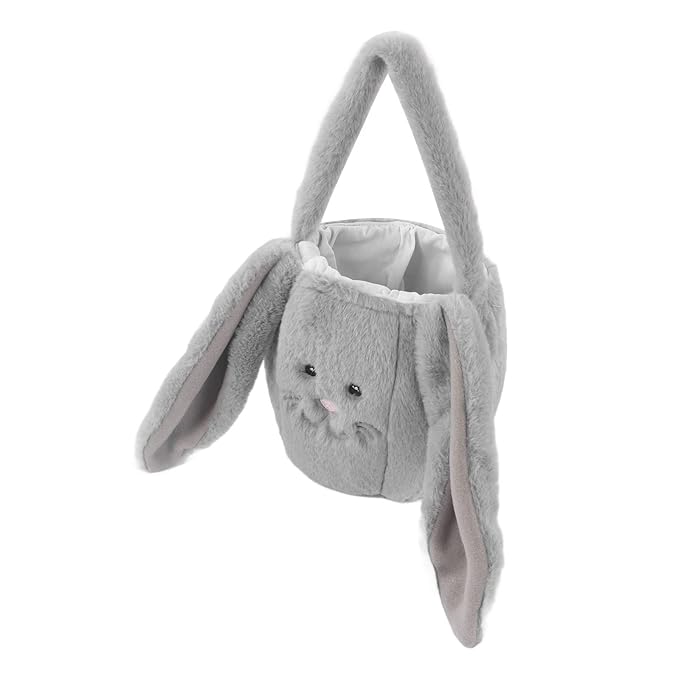 Plush Easter Bunny Basket, Children Easter Basket, Cute Cartoon Long Ears Bunny Egg Basket with Soft Plush Material, Perfect for Easter Egg Hunt and Festive Decorations (Light Grey)