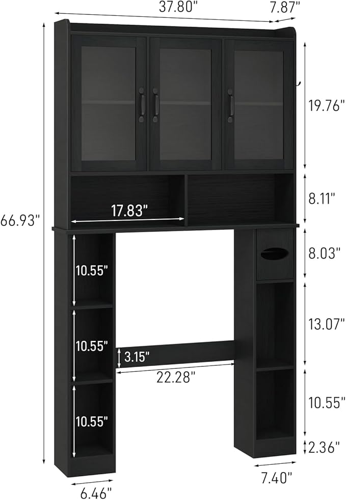 Vabches Over The Toilet Storage Cabinet,Farmhouse Bathroom Organizer with Glass Doors and Adjustable Shelf,Home Space-Saving Toilet Rack,for Restroom,Bathroom, Laundry