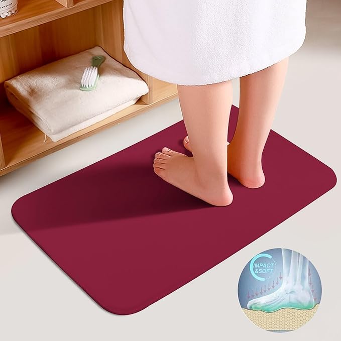3 Pieces Bath Rug Sets, Solid Burgundy Red Bathroom Mat Set Non Slip U Shaped Contour Rug & Toilet Lid Cover