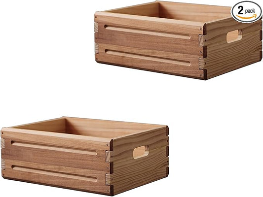 2 Pack Wooden Storage Bins of 16"x12"x6.25".Durable Open Solid Wood Box w/ Handles.Farmhouse Container Shelf Baskets. Multipurpose Home Décor Organizer Crates for Display,Pantry,Book,CD