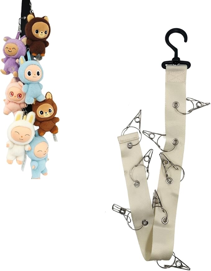 Plush Toy Display Strap for15-17cm Blind Box Style Dolls, Stuffed Animal Hanging Chain with 8 Clips, Wall & Over Door Organizer (No Dolls Included) (1-Pack White)