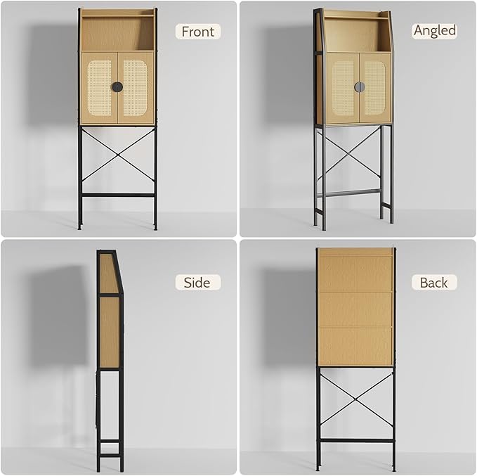 Over The Toilet Storage Cabinet with Rattan Doors, Bathroom Organizer with Adjustable Shelf, Metal Frame & Anti-Tip Device, Space-Saving Wood Cabinet for Bathrooms, Laundry Room, Natural