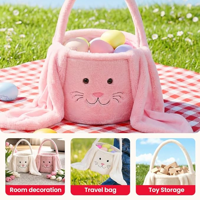 Easter Basket, Cute Bunny Easter Basket with Plush Ears, Easter Baskets for Egg Hunt, Candy & Gift Storage (Brown)