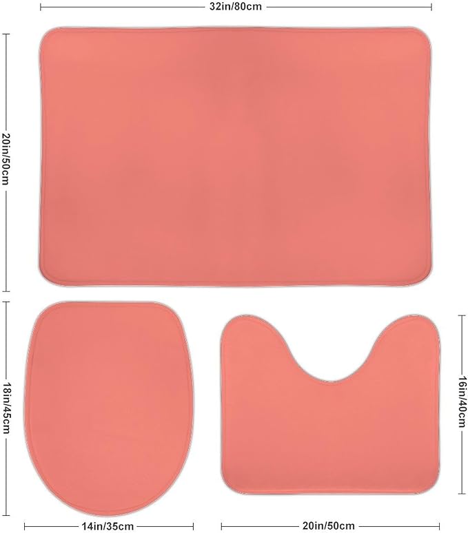 3 Pieces Bath Rug Sets, Solid Coral Pink Bathroom Mat Set Non Slip U Shaped Contour Rug & Toilet Lid Cover