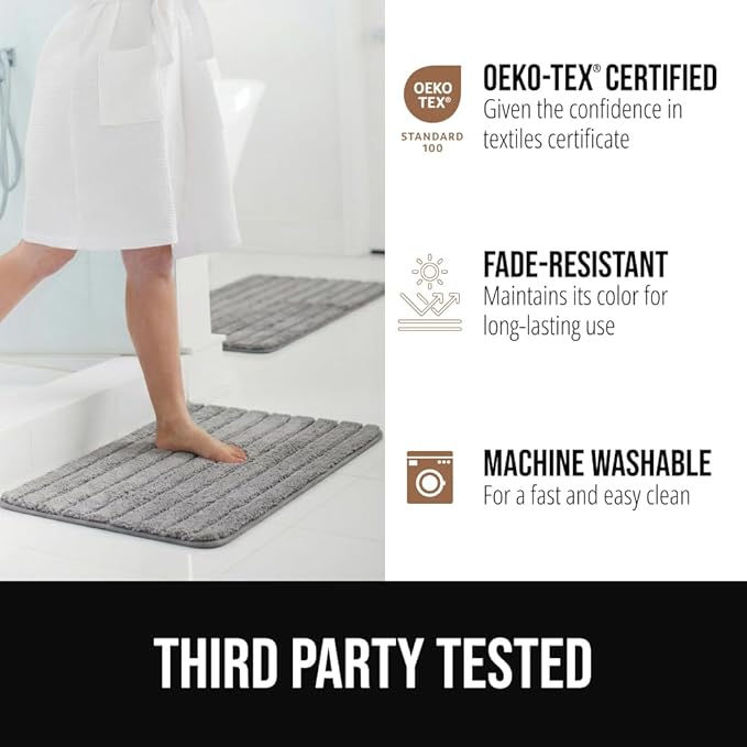 GORILLA GRIP Textured Backing Bathroom Rugs, Soft Memory Foam Absorbent Striped Bath Mats, Machine Washable & Fade Resistant, Bathmat Accessories for Floor, Home Decor Shower Essentials, Grey 34x20