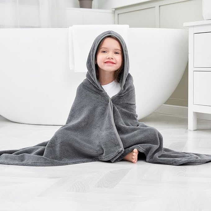 Hiturbo Kids Hooded Bath Towel: Soft Plush Pool Beach Fleece Towel Blanket - 50"x30" Toddler Towels Wrap for Boys Girls 3-12 Years (Gray)