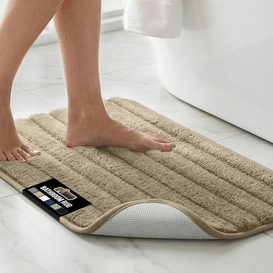 GORILLA GRIP Textured Backing Bathroom Rugs, Soft Memory Foam Absorbent Striped Bath Mats, Machine Washable & Fade Resistant, Bathmat Accessories for Floor, Home Decor Shower Essentials, Beige 30x18