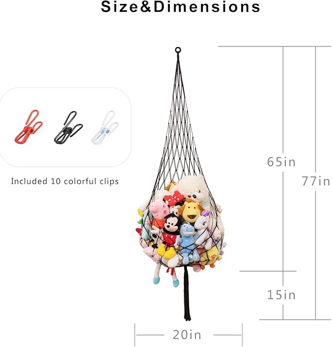 Novel Stuffed Animal Net or Hammock-Ceiling Hanging Net 6.5Ft- One Hook Only! Convenient for Corners, Walls and Ceiling Hanging Net, Stuff Animal Storage for kid room Bedroom Playroom-Black