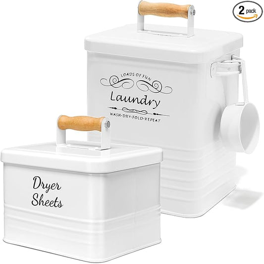 SSTATES Laundry Room Organization Set, Metal Laundry Detergent Pods Container and Dryer Sheet Holder with Lid, Laundry Powder Storage Bin with Scoop for Farmhouse Decor, (2 Pack, White)