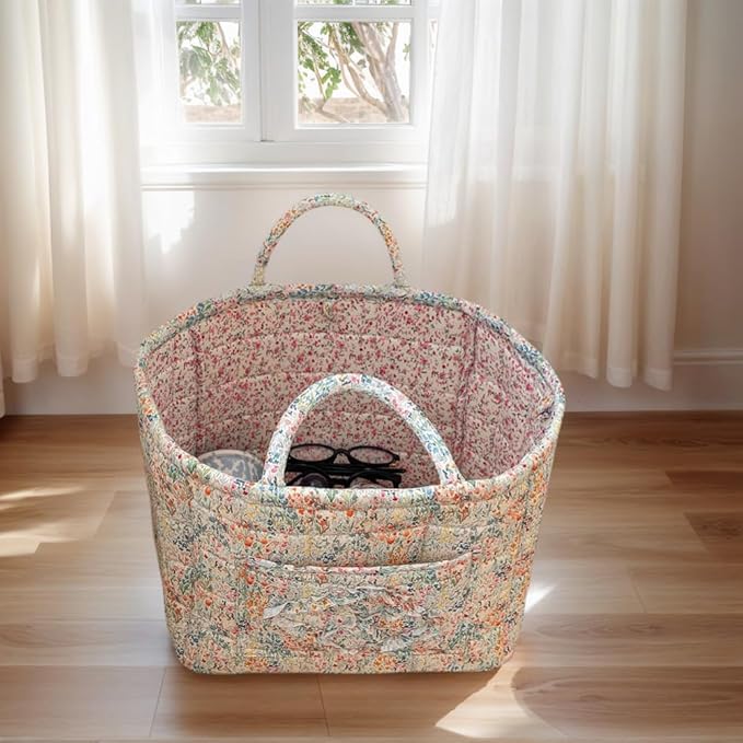 JQWYGB Foldable Laundry Basket Boho Bear Storage Basket Floral Quilted Fabric Car Storage Basket Handles Large Laundry Baskets for Clothes and Dolls