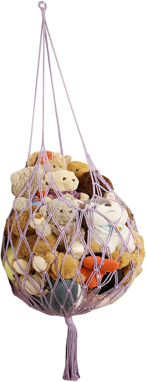 Stuffed Animal Storage Hammock Corner Hanging Net Stuffy Animal Hammock Macrame Toy Display Plush Toy Holder for Kid Bedroom Decor Boho Nursery Playroom Organizer (Purple)
