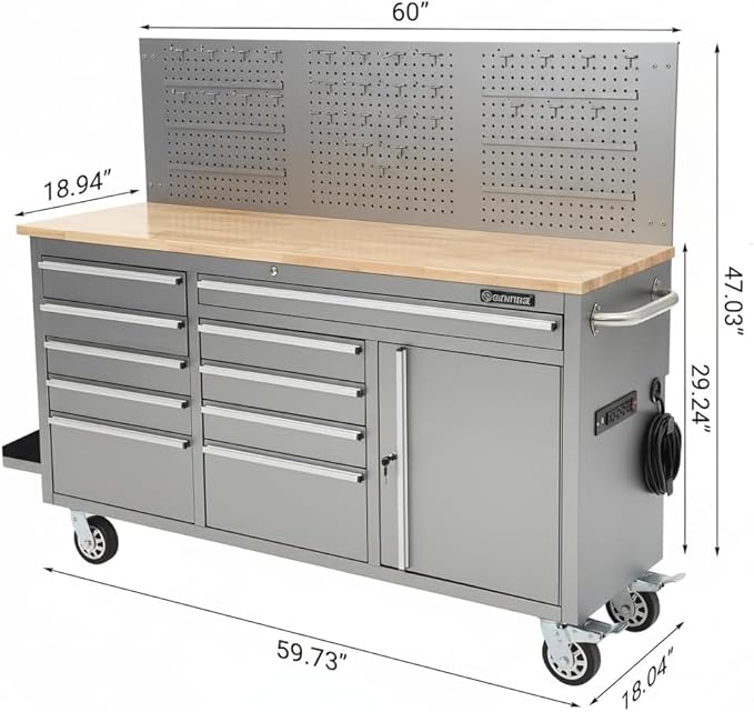 61" Rolling Tool Chest with 10 Drawers, Workbench Cabinet with Power Strip, Solid Rubber Wood Top, 1675 LBS Load, Mobile Heavy Duty Garage Storage, Locking Wheels