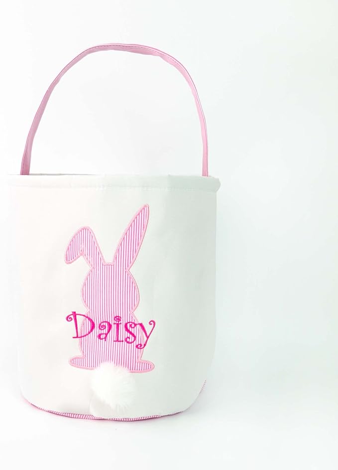 MT WORLD Toddler Easter Bunny Basket Personalized Easter Egg Bucket for Kids with Name Canvas Rabbit Bucket Tote for Baby Boys Girls Easter Egg Hunts Decorations Candy Gifts Storage (Pink Bunny)