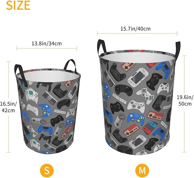 Video Game Controller Grey Background Round Laundry Hamper Gaming Theme Storage Basket Toys Clothes Organizer Bin For Home Bathroom Bedroom Dorm Nursery, 62l