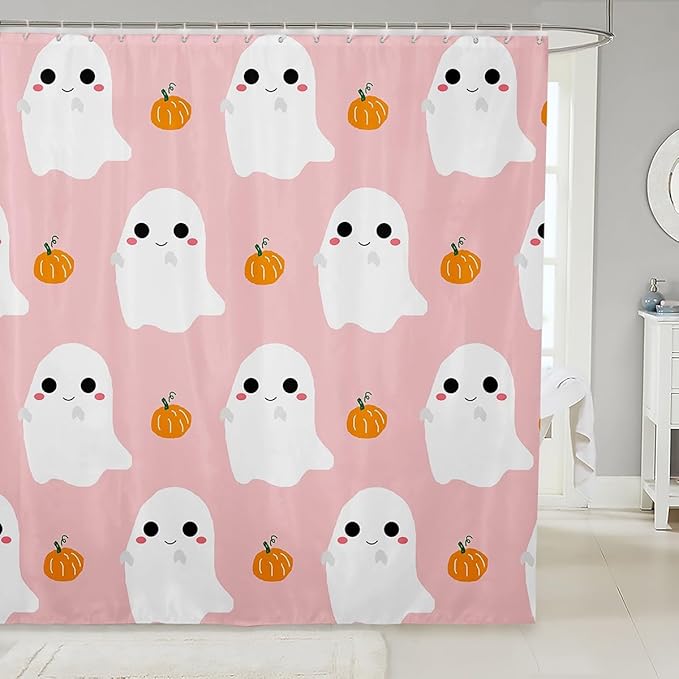 Hand Draw Pink White Print Shower Curtain with Hooks,Watercolor Pumpkin Halloween Room Decor Bath Curtain,Cartoon Ghost Bathroom Accessories Waterproof Panel,72x 84 Inches