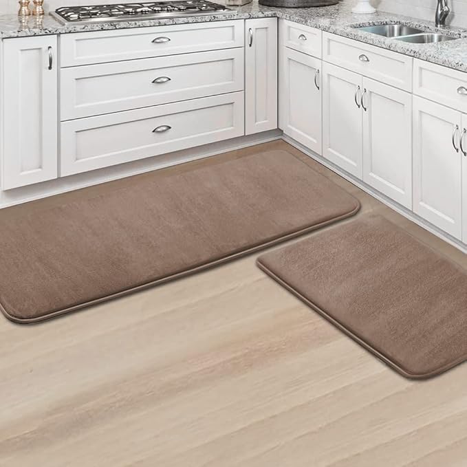 H.VERSAILTEX Kitchen Mat 2 PCS Non Slip Memory Foam Flannel Velvety Kitchen Runner Rug Set for Floor Standing Rugs(47" x 17" + 24" x 17", Taupe)