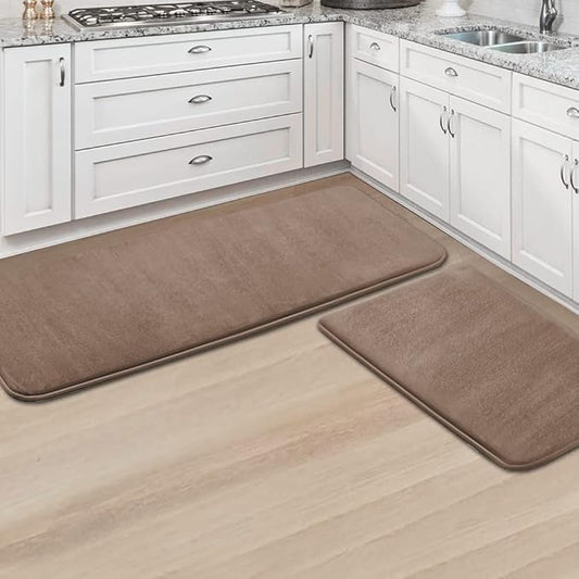 H.VERSAILTEX Kitchen Mat 2 PCS Non Slip Memory Foam Flannel Velvety Kitchen Runner Rug Set for Floor Standing Rugs(47" x 17" + 24" x 17", Taupe)