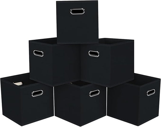 Black Foldable Storage Cubes Bins, Fabric Storage Box Cubes Organizer Baskets with Dual Handles for Home Organizer,Set of 6,(Black)