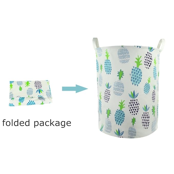 Orino 19 x 16.5 Inches Extra Large Canvas Fabric Folding Storage bin with Handle Waterproof Home Decor Laundry Hamper Organize Pineapple Storage Baskets for Dirty Clothes, Toy (Blue)
