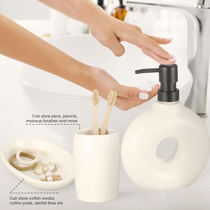 5 Pcs Ceramic Bathroom Accessories Set, Beige Counter Includes Soap Dispenser Toothbrush Cup Holder Soap Box Qtip Holder Stylish Modern Bathroom Matte Glaze Decor(White)