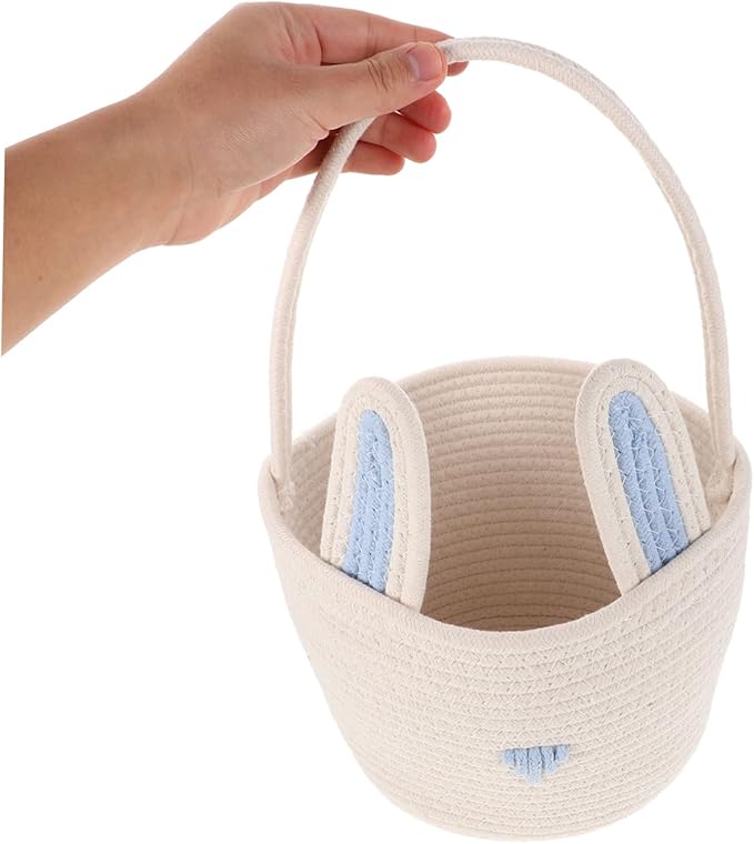 Easter Bunny Basket with Woven Cotton Rope Cute Ear Design for Teen Storage Multi-functional Cotton Toy and Snack Organizer for Home and Nursery