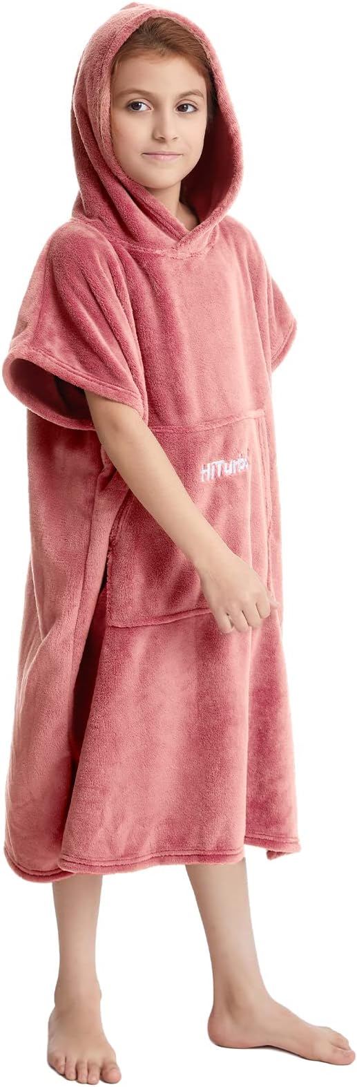 Hiturbo Kids Towel Changing Robe: Soft Plush Bath Towels - Warm Coral Fleece Hoodie - Swim Surf Poncho for 5-12 Years (Pink)