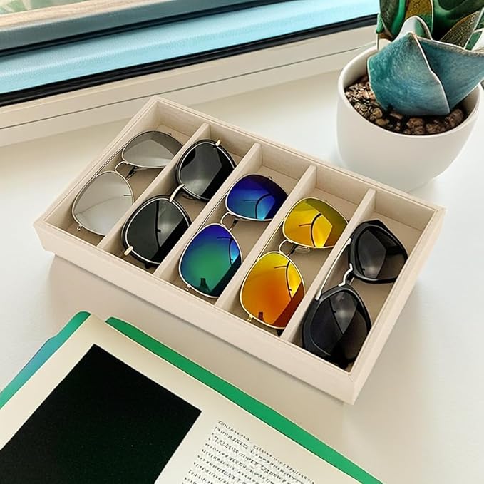 Luxurious 5 Grid Beige Velvet Eyewear Storage Sunglasses Jewelry Tray Organizer Soft Protection Drawer Divider Store Display