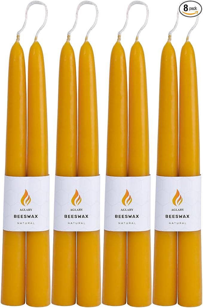 8PCS Beeswax Taper Candles, 9" Handmade Natural Candles, Dripless and Smokeless，9 Hour Burn Time