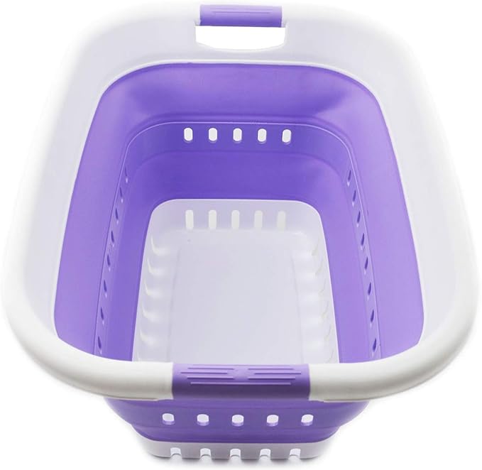 SAMMART 37L (9.77 gallon) Collapsible Plastic Laundry Basket - Foldable Pop Up Storage Container/Organizer - Space Saving Hamper/Basket (1, White/Lt. Purple)