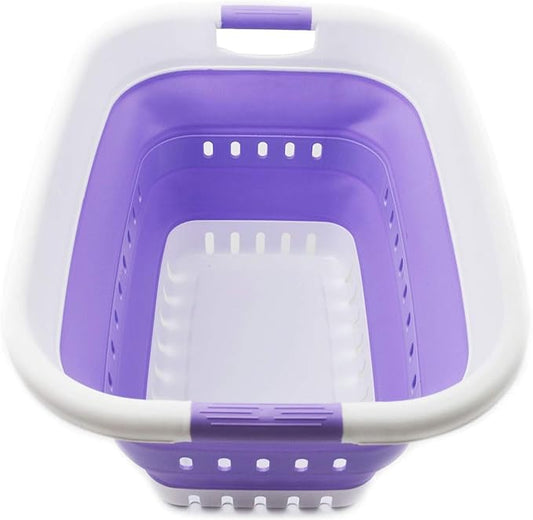 SAMMART 37L (9.77 gallon) Collapsible Plastic Laundry Basket - Foldable Pop Up Storage Container/Organizer - Space Saving Hamper/Basket (1, White/Lt. Purple)