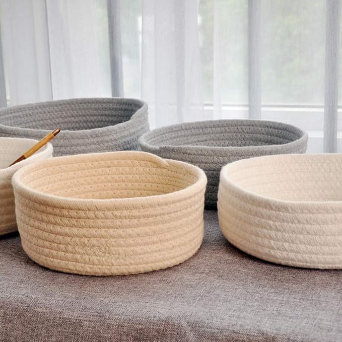 Cotton Rope Handmade Woven Home Storage Household Candy Toys Storage Basket Sundries Collection Box Candy Snack Food Tray SML Pack of 3 (Round, Beige)
