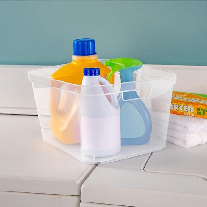 Sterilite 8.25x12.25x15 Inch Modern Polished Storage Bin w/Comfortable Carry Through Handles & Banded Rim for Household Organization, Clear (12 Pack)