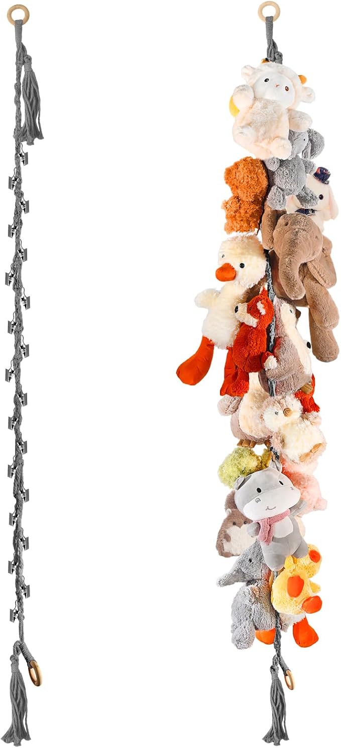 80" Cotton Hanging Storage Chain for Stuffed Animals Storage with 20 Metal Clips, Stuffed Animal Organizer Chain for Wall Corner Nursery Play Room, Grey