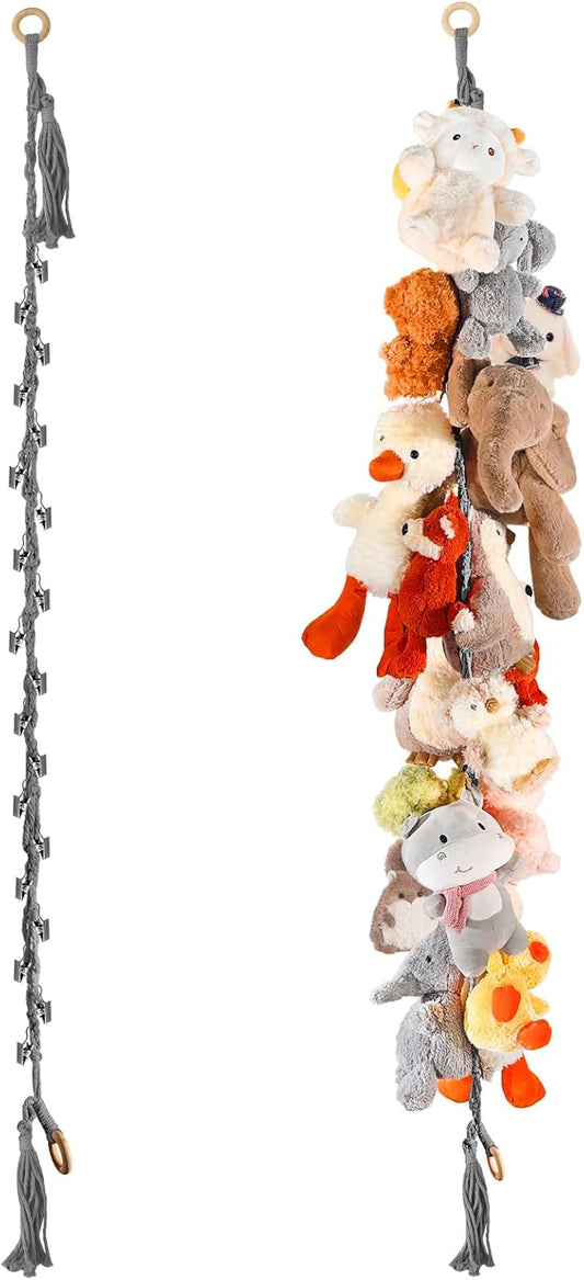 80" Cotton Hanging Storage Chain for Stuffed Animals Storage with 20 Metal Clips, Stuffed Animal Organizer Chain for Wall Corner Nursery Play Room, Grey