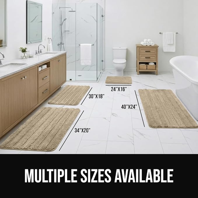 GORILLA GRIP Textured Backing Bathroom Rugs, Soft Memory Foam Absorbent Striped Bath Mats, Machine Washable & Fade Resistant, Bathmat Accessories for Floor, Home Decor Shower Essentials, Beige 30x18