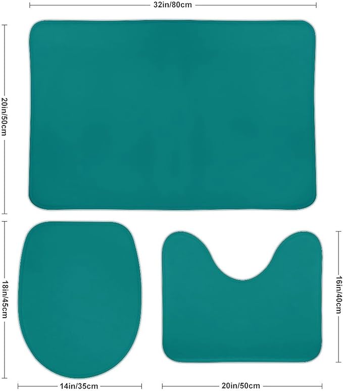 3 Pieces Bath Rug Sets, Teal Blue Trend Color Bathroom Mat Set Non Slip U Shaped Contour Rug & Toilet Lid Cover
