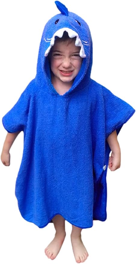 Hudz Kidz Premium Hooded Towel Poncho for Kids & Toddler - 100% Cotton (Blue Shark)