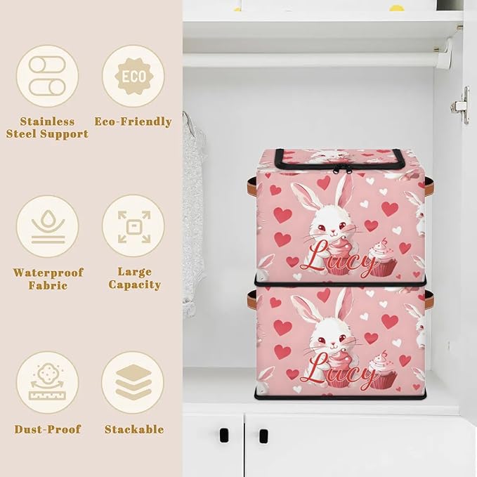 Custom Cute Rabbits Storage-Bin With Zipper Lid for Kids-Girls-Boys-Baby-Pet,Personalized Name Foldable Storage Box with Handle,Baby Basket With Label for Bedroom Nursery Toy Clothes,Pink