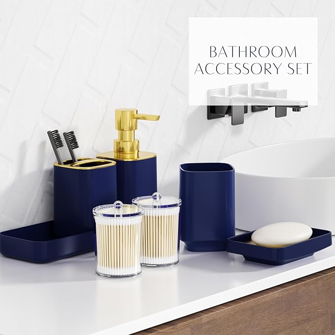 25PCS Bathroom Accessory Set, Navy Blue Bathroom Set with Large-Capacity 4 Gallon Trash Can,Bathroom Rugs Set, Waterproof Shower Curtain, Toilet Brush, Toothbrush Holder & Soap Dispenser