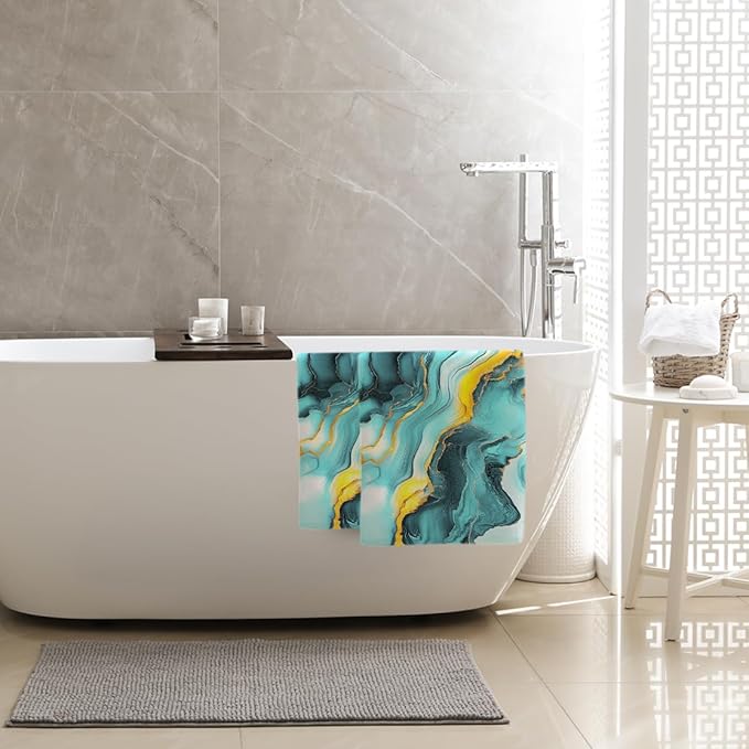 Green Teal Gold Bath Hand Towels Set of 2 Soft Absorbent Abstract Marble Texture Decorative Bathroom Hand Towels for Bathroom Kitchen Home Spa Hotel Yoga Farmhouse Decor