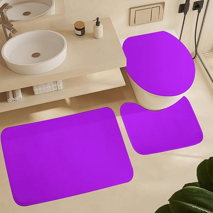 3 Pieces Bath Rug Sets, Neon Purple Elegant Bathroom Mat Set Non Slip U Shaped Contour Rug & Toilet Lid Cover