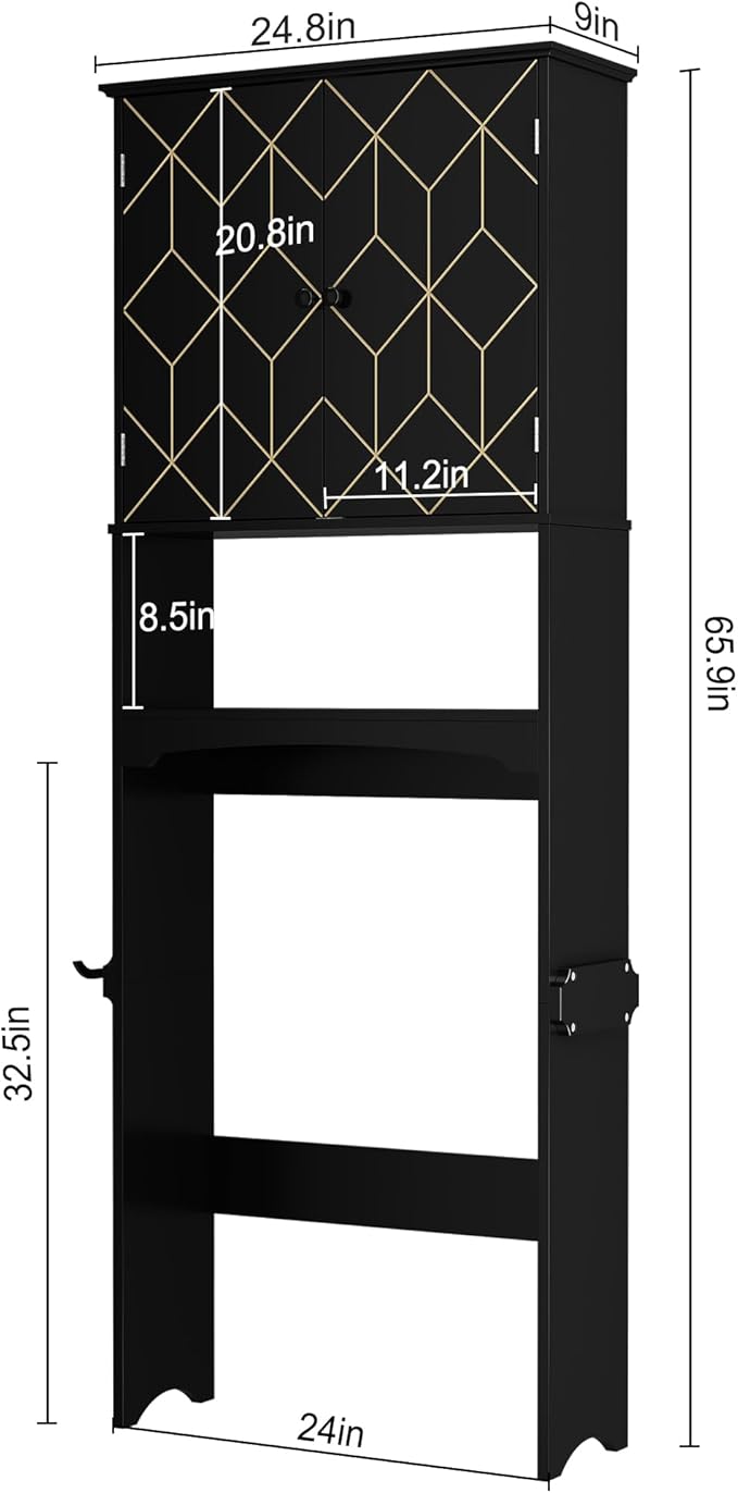 Over The Toilet Storage Cabinet with Gold Trim, Modern Bathroom Organizer Over Toilet with Adjustable Shelves and Toilet Paper Holder for Bathroom (Black)
