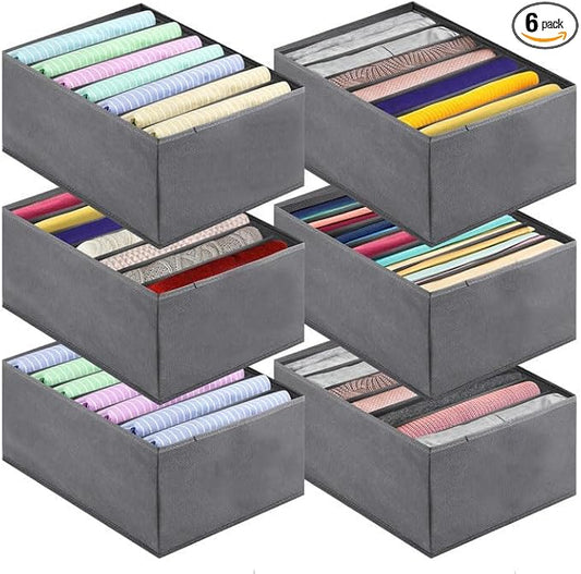 6 PACK Jeans Organizers for Closet, Foldable Wardrobe Clothes Organizer, Stackable Closet Clothes Drawer Organizer Tshirts with 7 Grids for Leggings, Sweater, Jean, Pants, Grey
