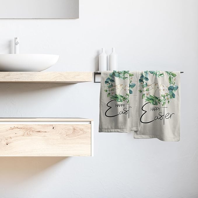 Happy Easter Hand Towels Green Leaves Kitchen Towels Set of 2 Soft Absorbent Easter Rabbit Bunny Bath Towels 14x28 Inch Spring Holiday Beige Dish Towels for Bathroom Kitchen Bar Tea Gym Spa Decor